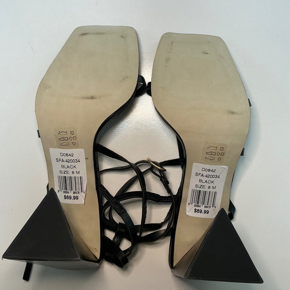 Saks Fifth Avenue Black Leather Strappy Square Toe Triangular Block Heel Sandals - Picture 5 of 12